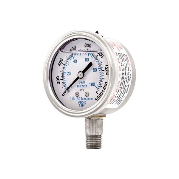 Engineered Specialty Products, Inc PIC Gauges 2.5" All Stainless Pressure Gauge, 1/4" NPT, 0/1500 PSI, Glycerine Filled, LM, 301L-254N 301L-254N - main